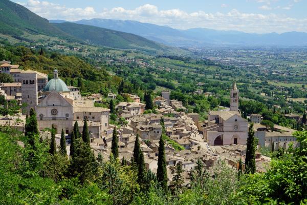 view from above of San Rufino and Santa Chiara surrounded by greenery and the Umbrian valley in the background.